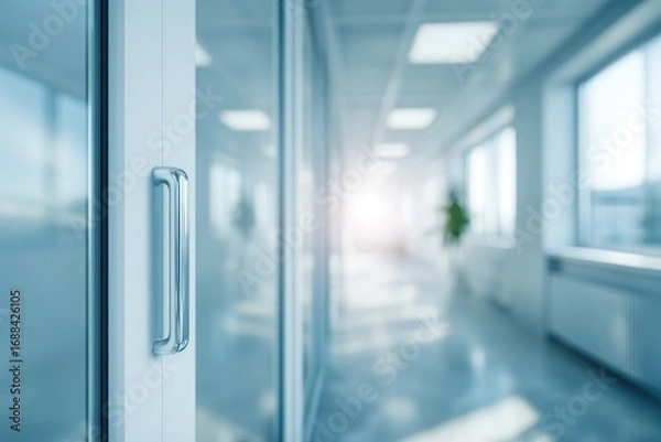 Fototapeta A bright, blurred office hallway with a glass door and shiny handle in the foreground, leading to a well-lit area with plants