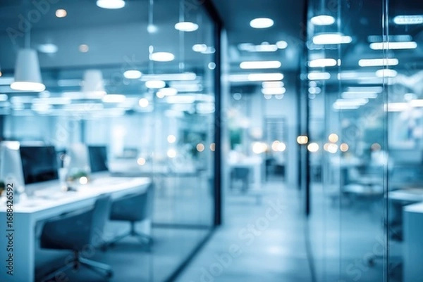 Fototapeta Blurry interior view of an office with glass walls, desks with computers, and overhead lighting in shades of white and blue