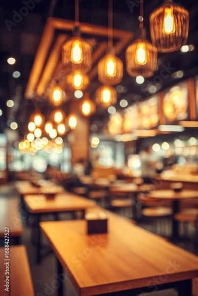 Fototapeta Blurred interior of a restaurant, showcasing warmly lit hanging lamps above rows of wooden tables and benches. Soft background suggests activity