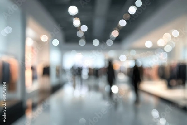Fototapeta Abstract blurry mall interior with indistinct figures and store displays; bokeh lights illuminate a bright, muted grey and white scene