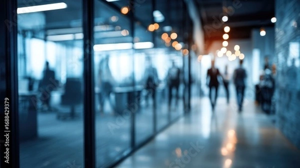 Fototapeta Blurred office scene with people walking down a corridor, glass walls, and a cold, professional ambiance, creating a sense of movement and business