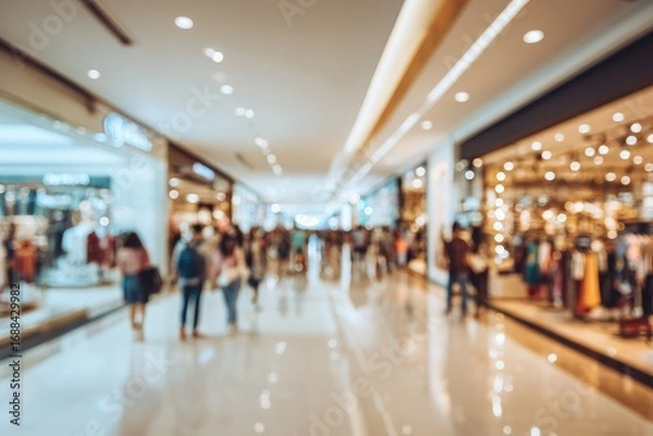 Fototapeta A blurred, warm-toned view down a busy mall hallway with several people walking past shops, under bright ceiling lights and neutral-colored walls