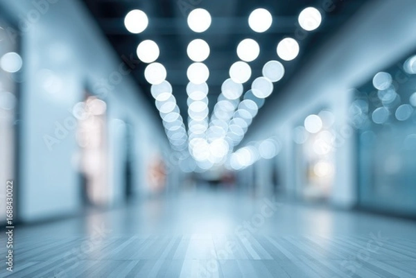 Fototapeta Blurred interior view of a shopping mall corridor, with lights forming a soft, bokeh effect. The floor reflects the lights. Cool blue tone dominates