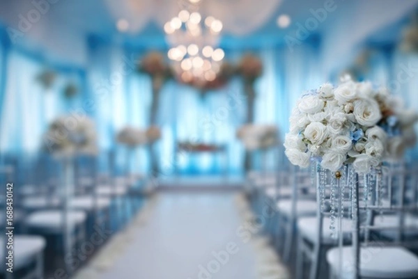 Fototapeta An aisle of silver chairs leads to an arch adorned with flowers in a room decorated with light blue drapes, creating an elegant ambiance