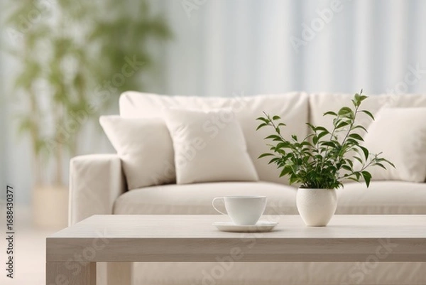 Fototapeta Bright, serene interior. White sofa, potted plant, and tea cup sit on a light wooden table. Soft light and blurry background create a peaceful atmosphere