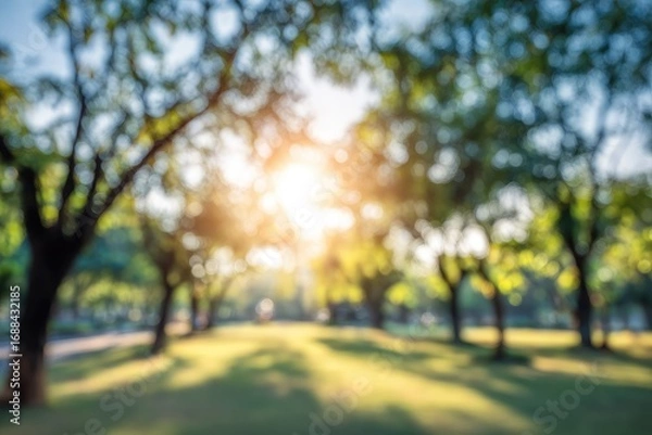 Fototapeta Sunlit park scene rendered with a soft, dreamy focus, featuring trees lining a grassy pathway and a bright sunburst