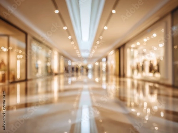 Fototapeta Blurred indoor shopping mall hallway, featuring shiny marble floors and windowed storefronts, illuminated by soft, warm lighting