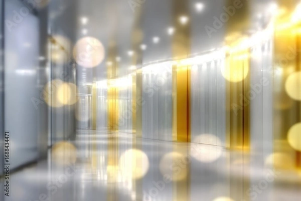 Fototapeta Blurred hallway with metallic walls and panels illuminated by a row of bright lights, abstractly showing motion and luxury with a bokeh effect