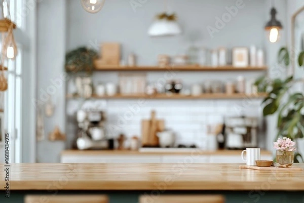 Fototapeta Blurry kitchen background featuring a light wood countertop with a mug and flowers, a blurred interior, and open shelving