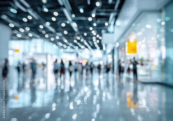 Fototapeta A blurred interior view shows shoppers walking down a brightly lit, glossy-floored hallway lined with storefronts, evoking a sense of bustling commercial activity