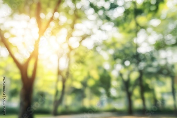 Fototapeta Blurred sunny park image featuring trees in soft focus with sun flaring through the foliage, and ground visible in the foreground