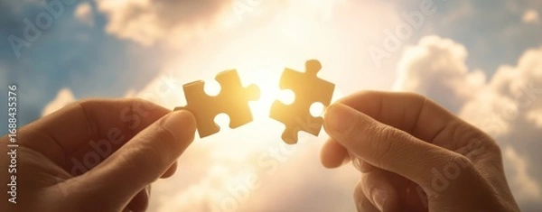 Fototapeta The puzzle pieces connecting at sunset symbolizing unity teamwork and shared purpose