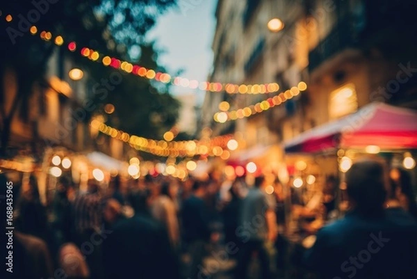 Fototapeta Blurry street scene with people and string lights, creating a warm, festive atmosphere in the evening along an alleyway with buildings