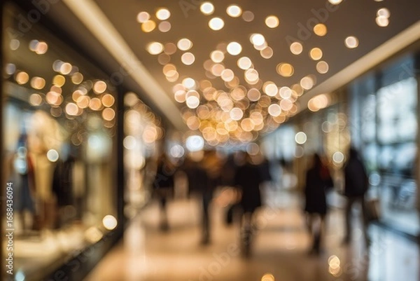 Fototapeta A blurred indoor scene of people walking down a brightly lit hallway with decorative lighting in the ceiling, storefronts lining the side