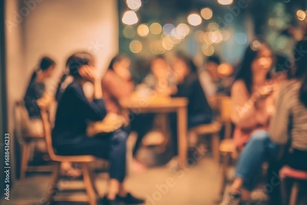 Fototapeta Warm, blurry image of people gathered at tables in a cafe with bokeh lights hanging above, suggesting a cozy and relaxed atmosphere