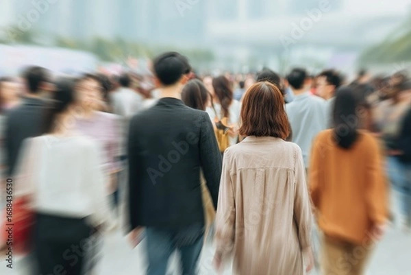 Fototapeta Blurry, zoomed photo of a busy street filled with pedestrians on a bright day, with focus directed toward the center crowd of people
