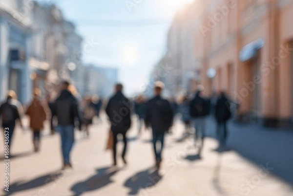 Fototapeta Blurred urban scene people walk down a street lined with light-colored buildings, sun shining, creating a soft, dreamy effect