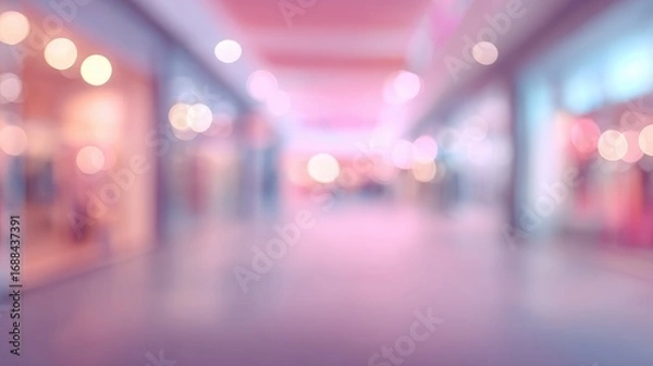 Fototapeta Abstract, soft-focus view of a shopping mall corridor with shops on either side, bathed in warm, pink-purple hues and bokeh lights