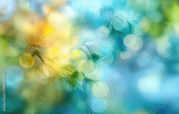 Fototapeta Abstract nature background featuring blurred foliage in shades of yellow, green, and blue, creating a soft, dreamlike, and atmospheric effect