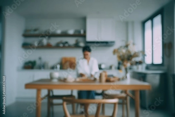 Fototapeta Blurry photo of a person standing at a wooden table in a bright kitchen. The scene is soft and diffused, with muted tones