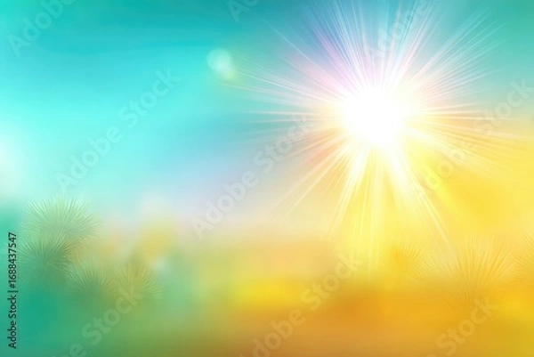Fototapeta A vibrant, sunlit abstract background featuring a bright starburst, soft gradients of turquoise, yellow, and green, evoking a serene and ethereal atmosphere