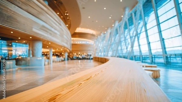 Fototapeta Bright, blurred interior featuring a light wood curve leading to a sunlit space with large windows. Soft focus