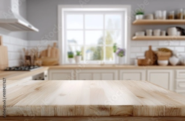 Fototapeta A bright, blurred kitchen scene focuses on a wooden countertop in the foreground, set against a backdrop of white cabinets and a window offering soft, natural light