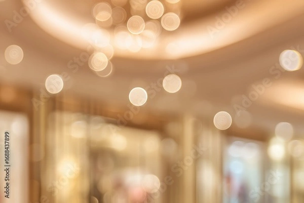 Fototapeta Warm, soft focus view of a room, showing an abstract effect of light and circles in hues of gold and cream