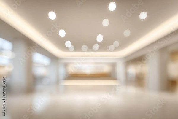 Fototapeta Abstract interior hall featuring a glossy floor, neutral color palette, and bokeh lights, creating a soft and ethereal atmosphere