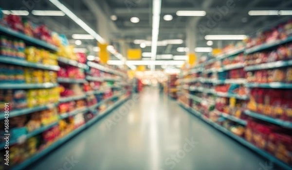 Fototapeta Out-of-focus shot of a supermarket aisle filled with colorful products on shelves, leading to a blurred background under bright, overhead lighting