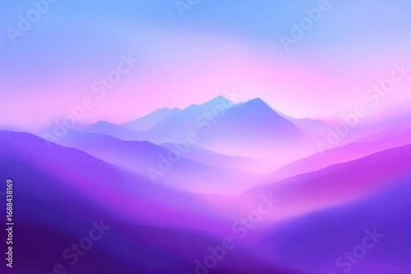 Fototapeta An abstract, hazy mountain range illustration. Soft gradients of blues, purples, and pinks create a dreamy, ethereal atmosphere with layered hills
