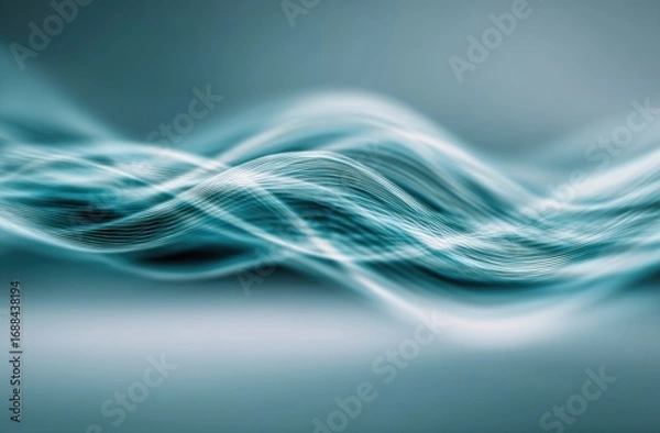 Fototapeta Teal, flowing lines of light creating ethereal, soft waves against a blurry gray background, evoking a sense of calm energy and abstract motion