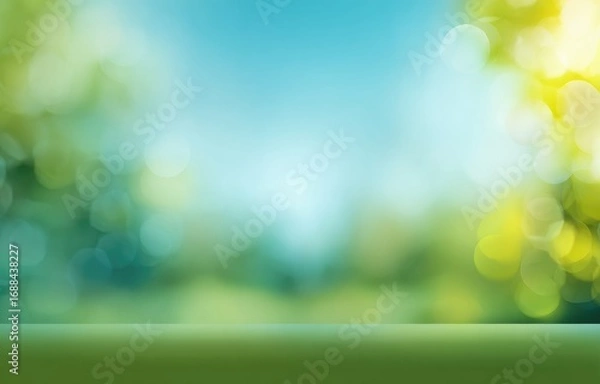 Fototapeta Ethereal, blurred vista featuring a smooth, green foreground merging into bokeh-filled trees against a clear blue sky. Light, airy and serene