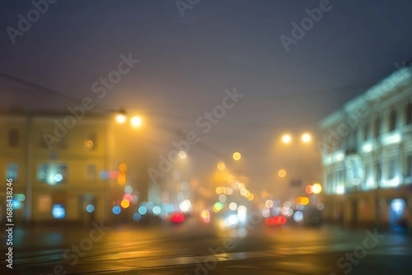 Fototapeta A blurry, nighttime street scene featuring building facades and streetlights, creating a soft, atmospheric mood. Soft lighting adds to the ethereal feel