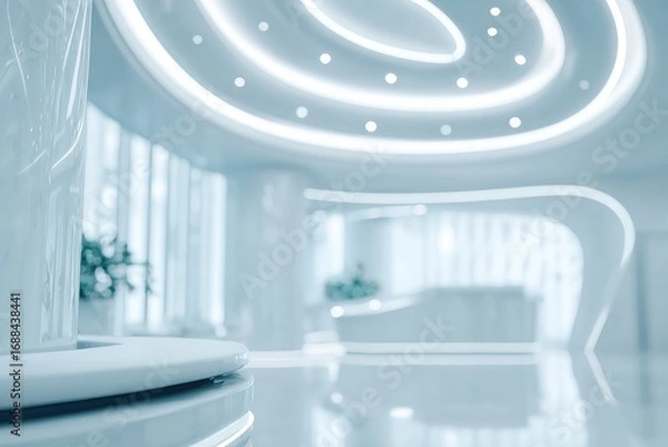 Fototapeta A futuristic, spacious interior with flowing lines, soft lighting, and a calming, cool blue tone. High-gloss floors reflect the light. Blurred background