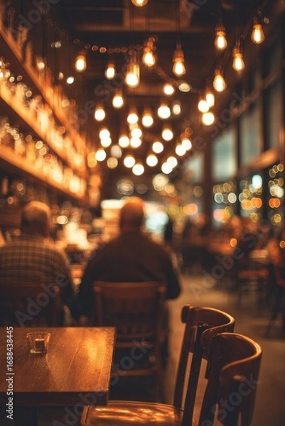 Fototapeta Warm blurred interior with hanging lights, wooden furniture and diners, creating a cozy atmosphere, indistinct figures, and glowing orbs of light