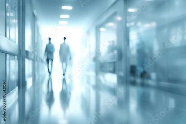 Fototapeta Abstract blurred image of a hospital corridor with two figures in lab coats walking towards a bright light at the end. Focus on the depth of field effect