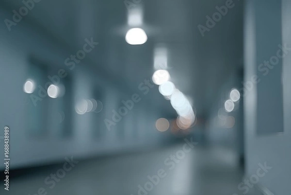 Fototapeta Out-of-focus view down a long corridor with evenly-spaced lights. Walls are clean and light colored. Image has a cool, almost clinical tone
