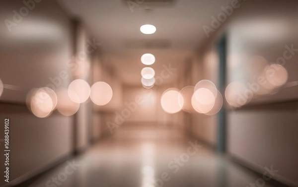 Fototapeta Soft focus corridor view with evenly spaced ceiling lights and blurry handrails. Faded peach and gray colors give an abstract, airy feel