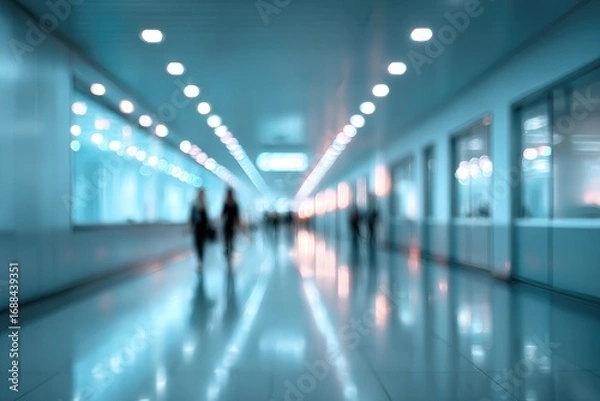 Fototapeta Blurry image of people walking in a brightly lit hallway with blue tones and reflections on the floor creating a sense of movement and depth
