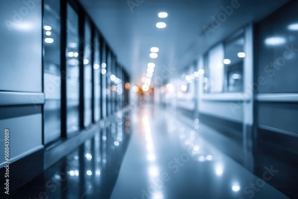 Fototapeta A long hallway, out of focus, rendered in cool blue tones. Reflections on the glossy floor create depth, enhanced by distant lights. Modern, abstract interior