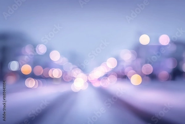 Fototapeta An out-of-focus image of a road at dusk, with indistinct buildings and glowing street lights creating a dreamy, blurry, bokeh-filled visual
