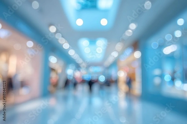 Fototapeta Abstract indoor corridor scene with blurry lights and figures, bathed in soft blue tones, suggesting a shopping mall or commercial space
