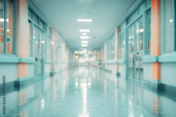 Fototapeta A blurred, long, light-filled hallway stretches into the distance, with doors and orange vertical dividers. The floor reflects the overhead lighting