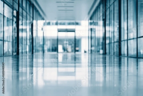 Fototapeta A blurred long corridor with glass walls, displaying a polished floor and teal hue. The focus softens as the view extends down the hall