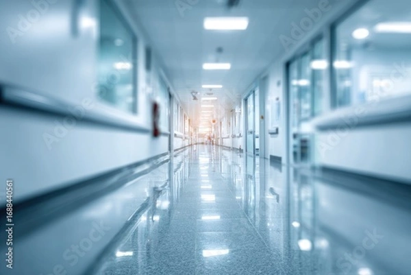 Fototapeta Long, blue-toned blurred corridor featuring shiny floors, leading to a bright source of light at its vanishing point, gives a sense of depth and distance