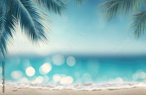 Fototapeta Tropical beach scene palm fronds frame a soft focus ocean view with bokeh highlights on a sandy shore. A serene and inviting summer scene