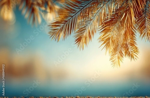 Fototapeta Tropical vibe golden palm fronds frame a sun-kissed coastal scene, with a soft blue sky and ocean backdrop. Bokeh lights add a dreamy quality