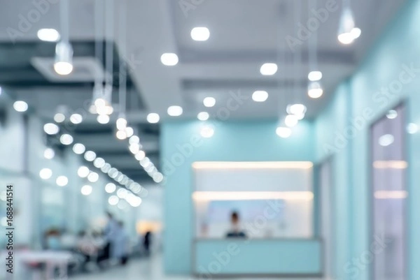 Fototapeta Soft-focus interior showing a reception area with aqua walls, recessed lighting, and hanging lights. People are present but blurred
