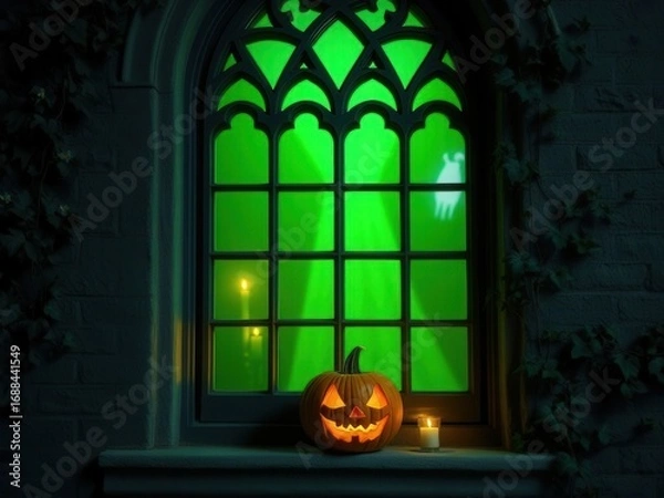Fototapeta A spooky Halloween scene featuring a carved pumpkin on a windowsill. The window has gothic arches and emits a green glow, suggesting a haunted atmosphere.